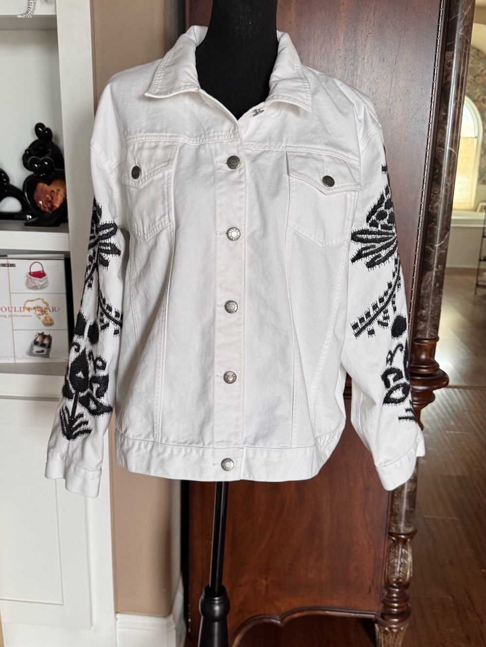 Chico’s Design Embroidered White Denim Jacket